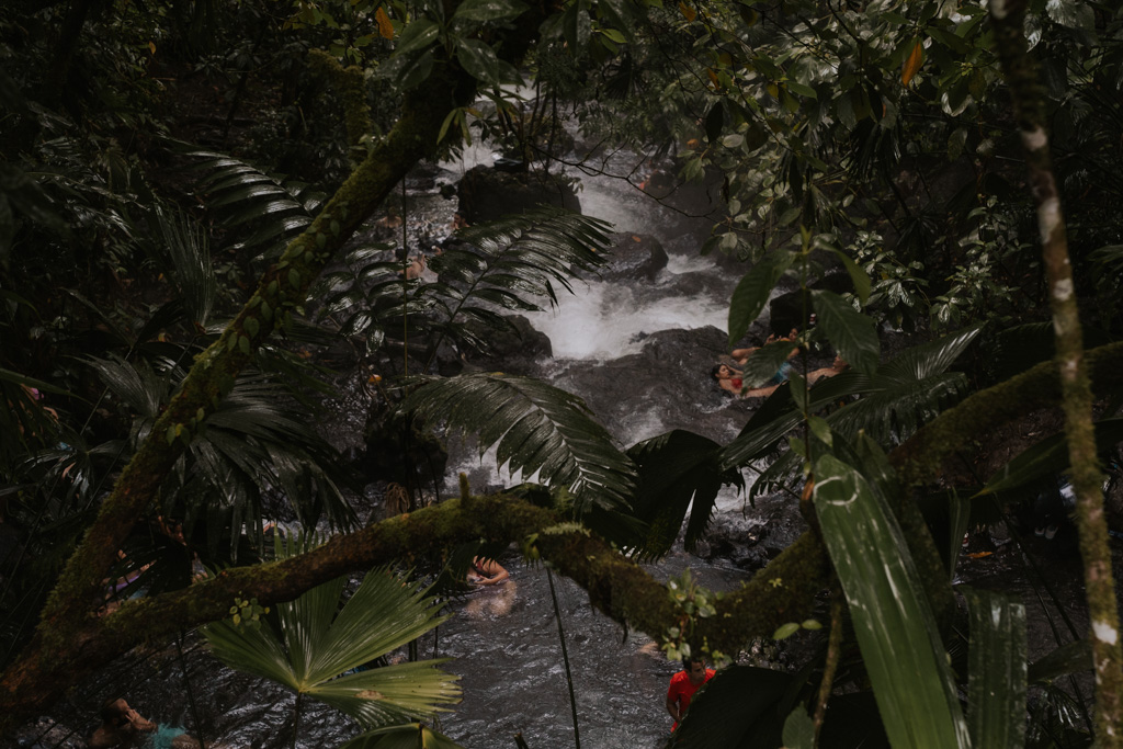 a hot springs bubbles below heavy rainforest the best free things to do La Fortuna