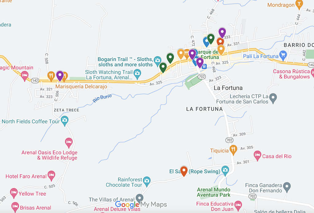 digital map of best restaurants in La Fortuna