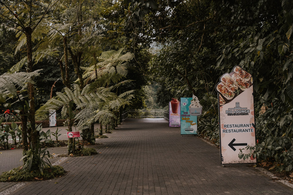 a grey brick pathway runs through the rainforest to La Fortuna waterfall with signage