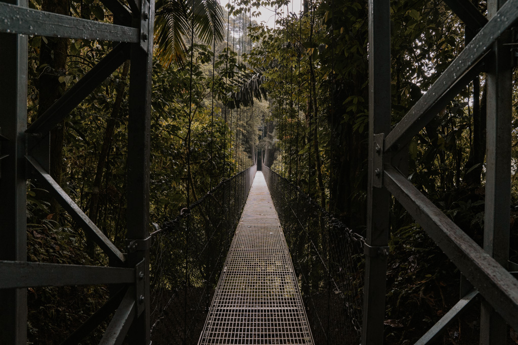 metal hanging costa rica bridge surrounded by large metal frame and greenery