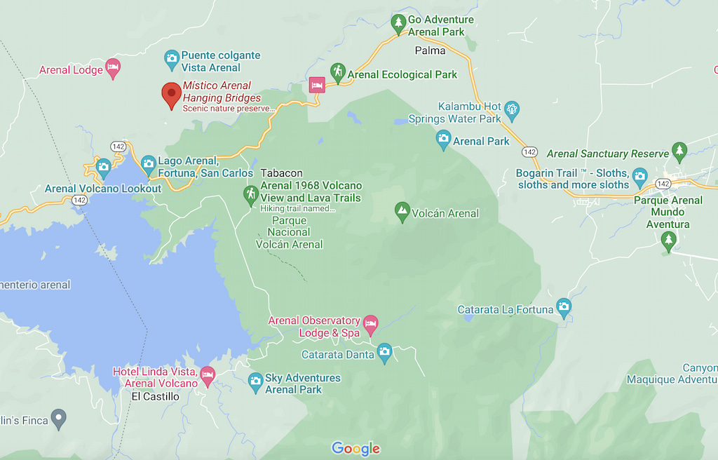 digital map of Arenal Hanging Bridges Park in La Fortuna, Costa Rica
