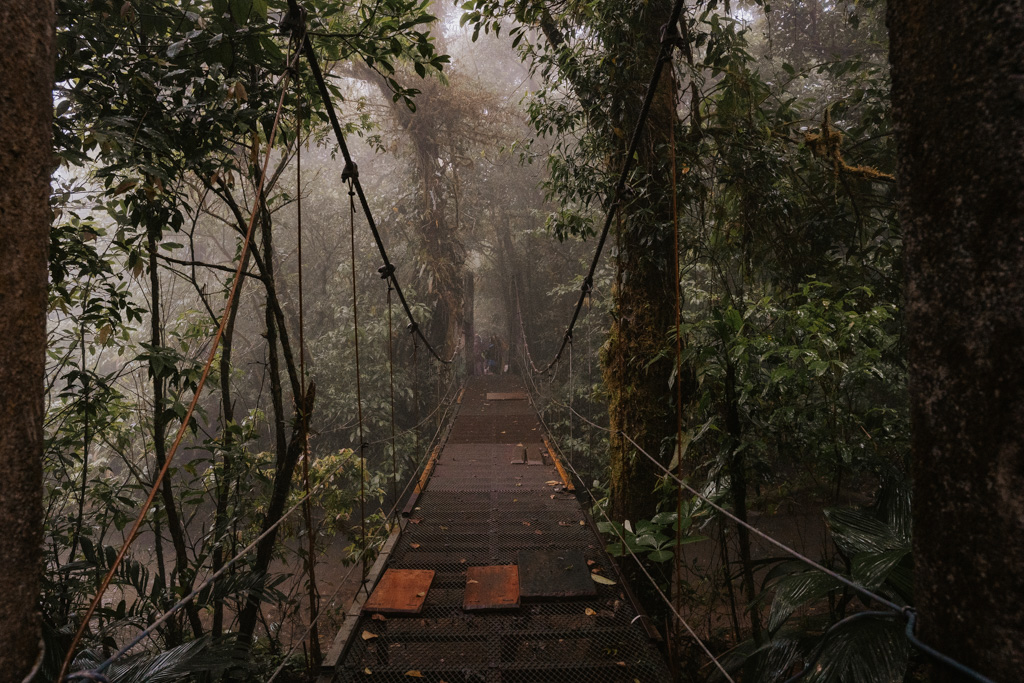 a rickety wooden bridge spans off into the distance along the hike rio celeste