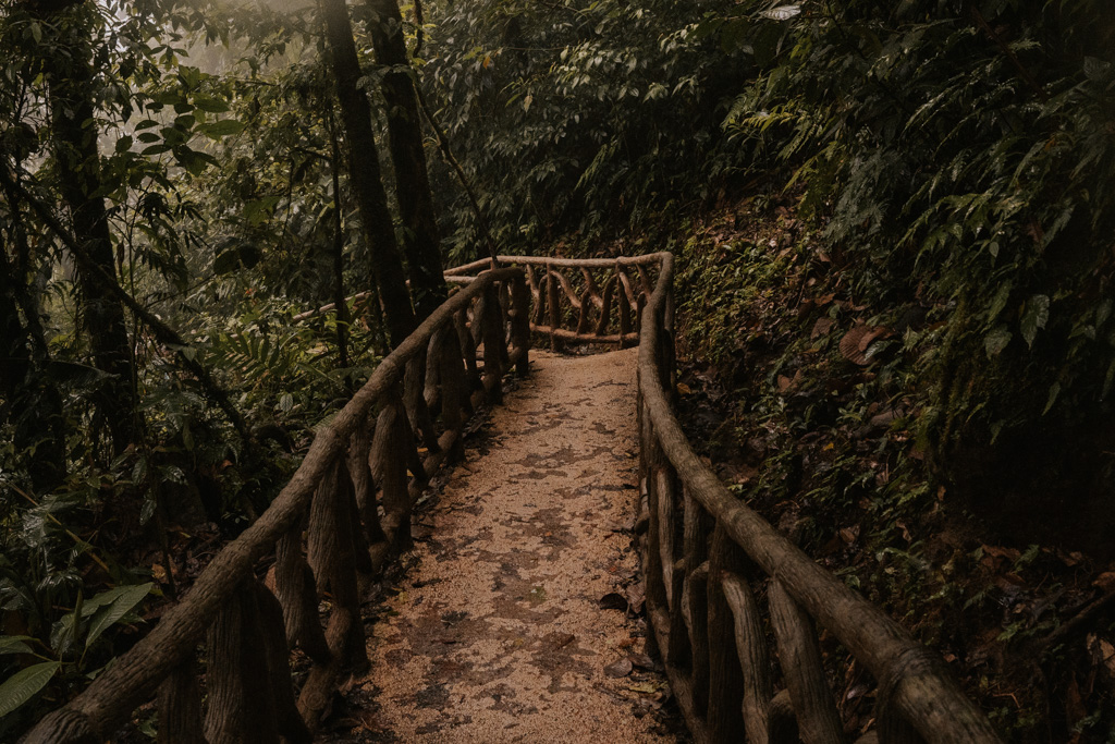 beige stone pathway with wood railing runs into the distance towward celeste river in tenorio volcano national park of costa rica