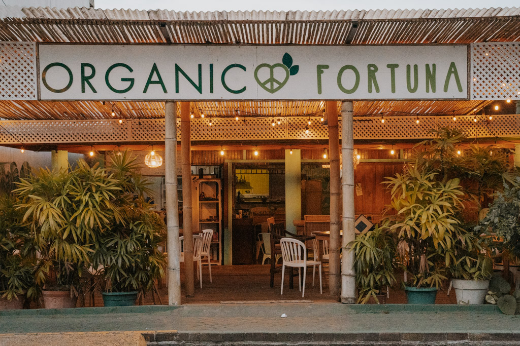 storefront with sign that reads 'organico fortuna' with plants, common of restaurants la fortuna has to offer